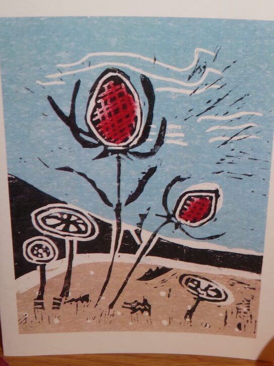 A lino print greetings card titled 'Beach Seedhead'.