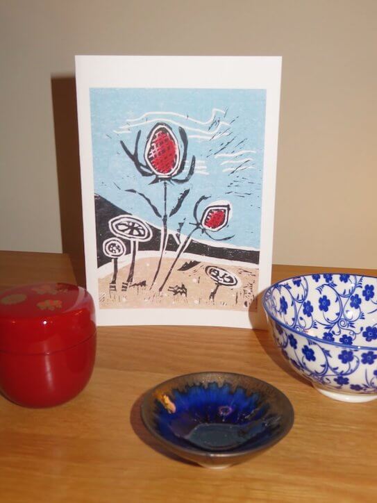 A lino print greetings card titled 'Beach Seedhead'.