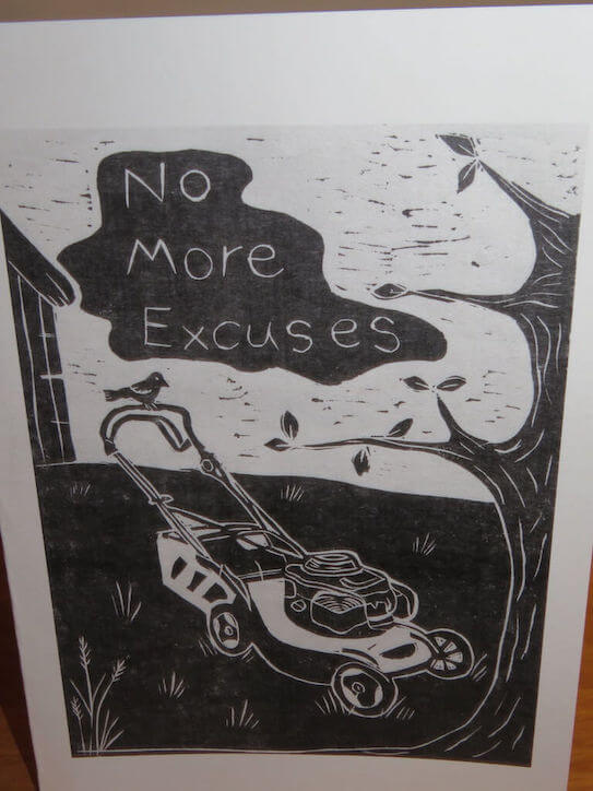 A lino print greetings card titled 'No More Excuses'.