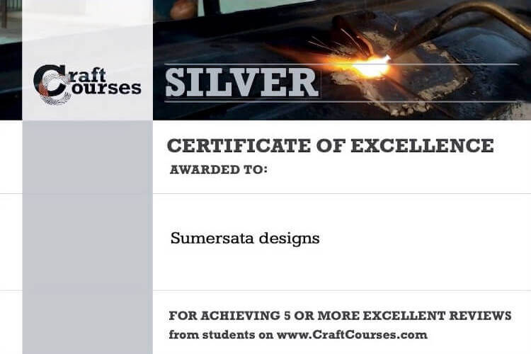 A silver certificate of excellence, awarded to Sumersata Designs for achieving 5 
                                or more excellent reviews from students on www.craftcourses.com.